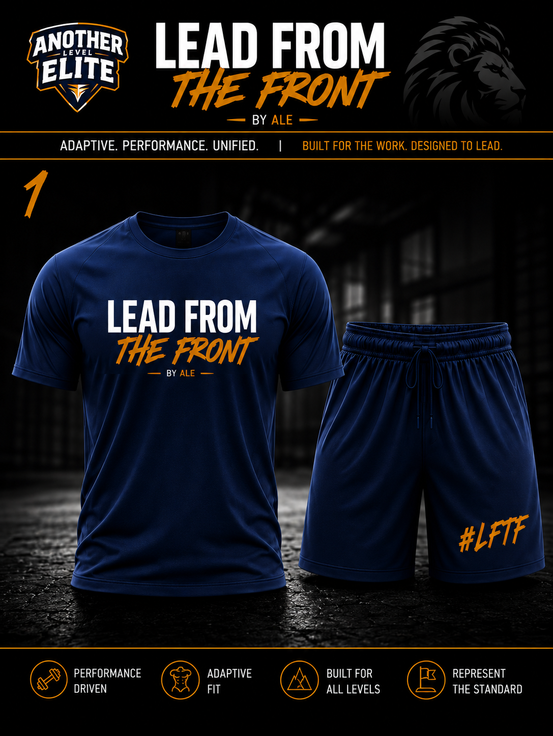 Lead From The Front navy workout shirt and shorts program uniform concept