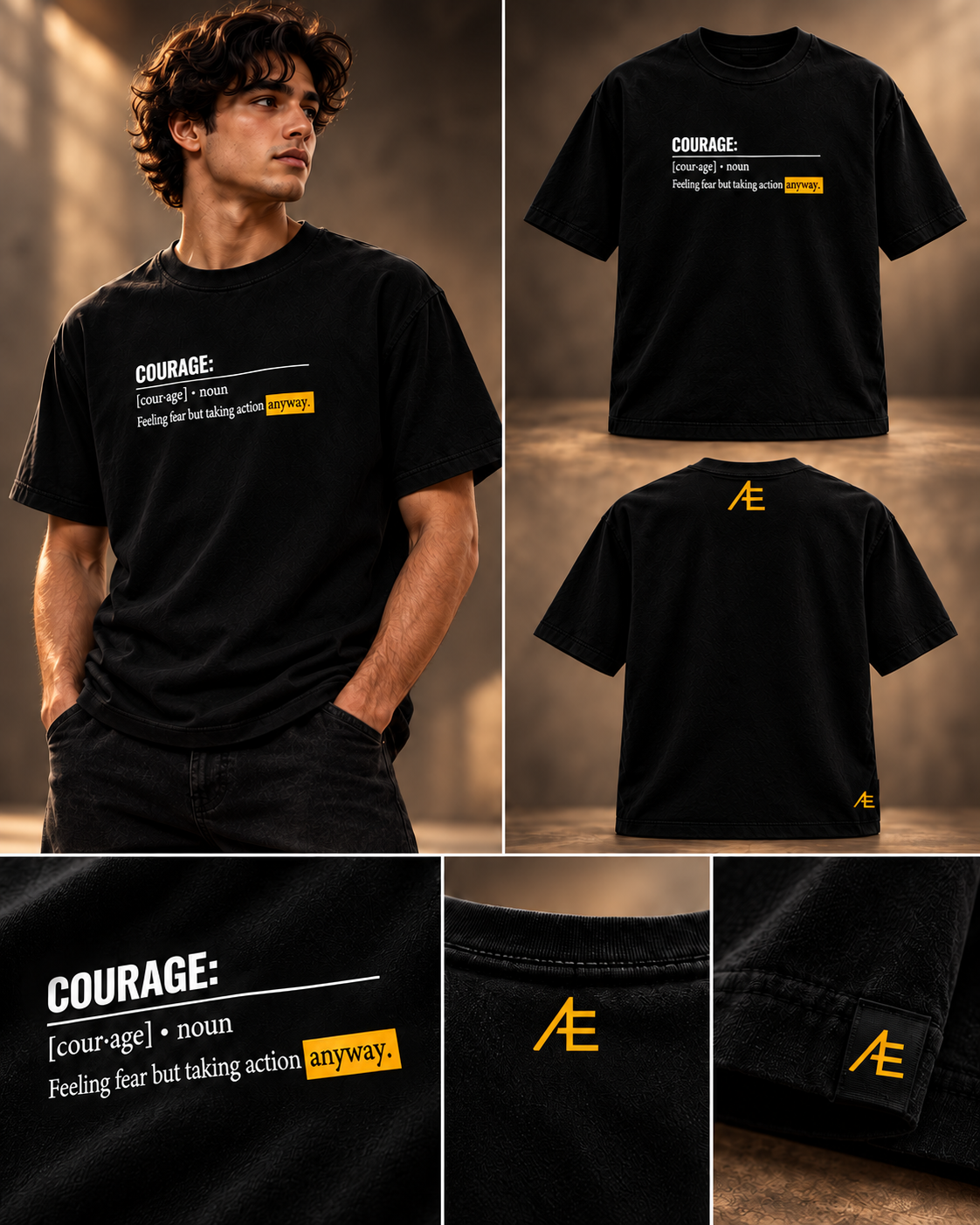 Black tee with a small white and gold definition graphic; model, front, back, and detail views