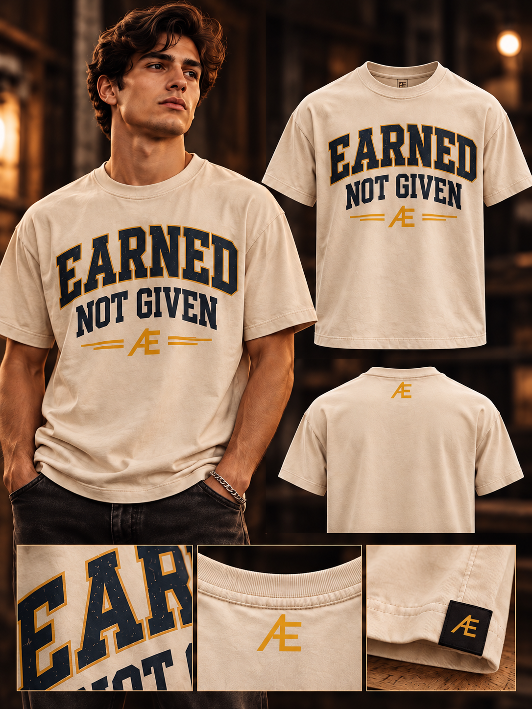 Cream graphic tee with navy lettering; model, front, back, and detail views