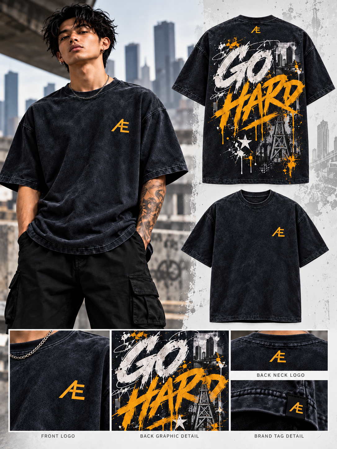 Black ALE tee with a gold front monogram and white and gold Go Hard back graphic; model, front, back, and detail views