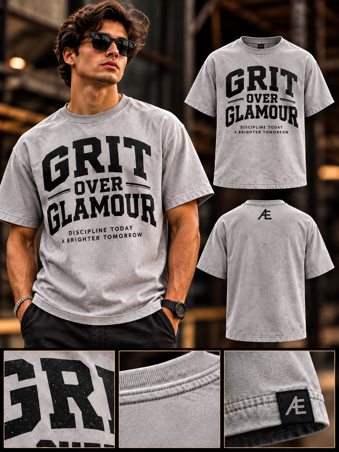 Stonewashed gray graphic tee with black lettering; model, front, back, and detail views