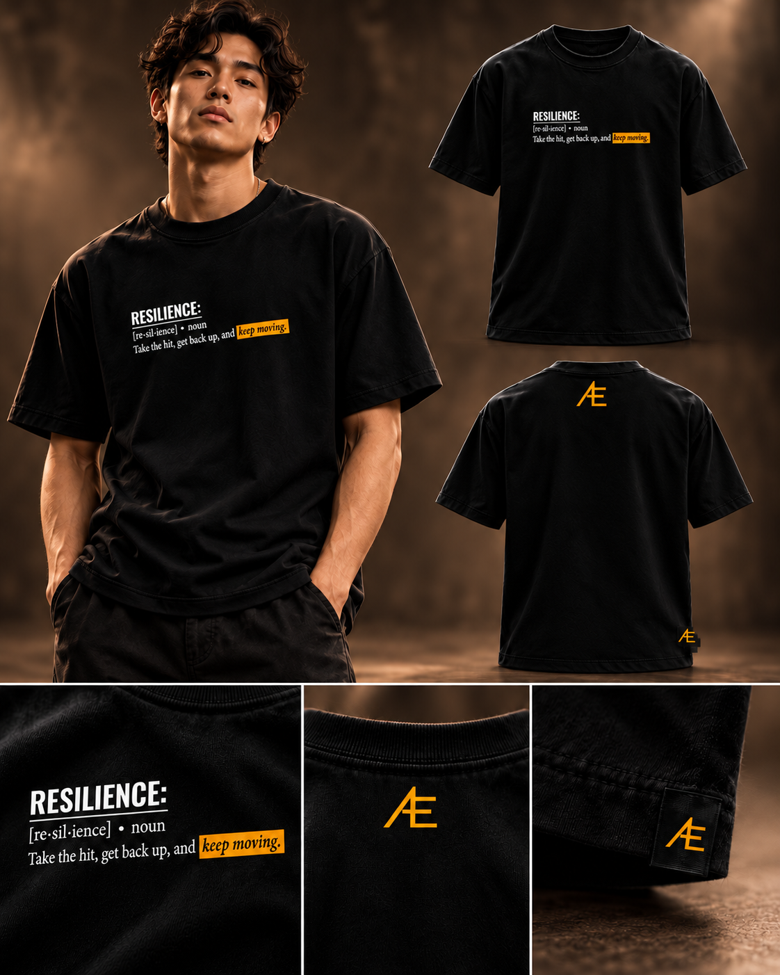 Black tee with a small white and gold definition graphic; model, front, back, and detail views