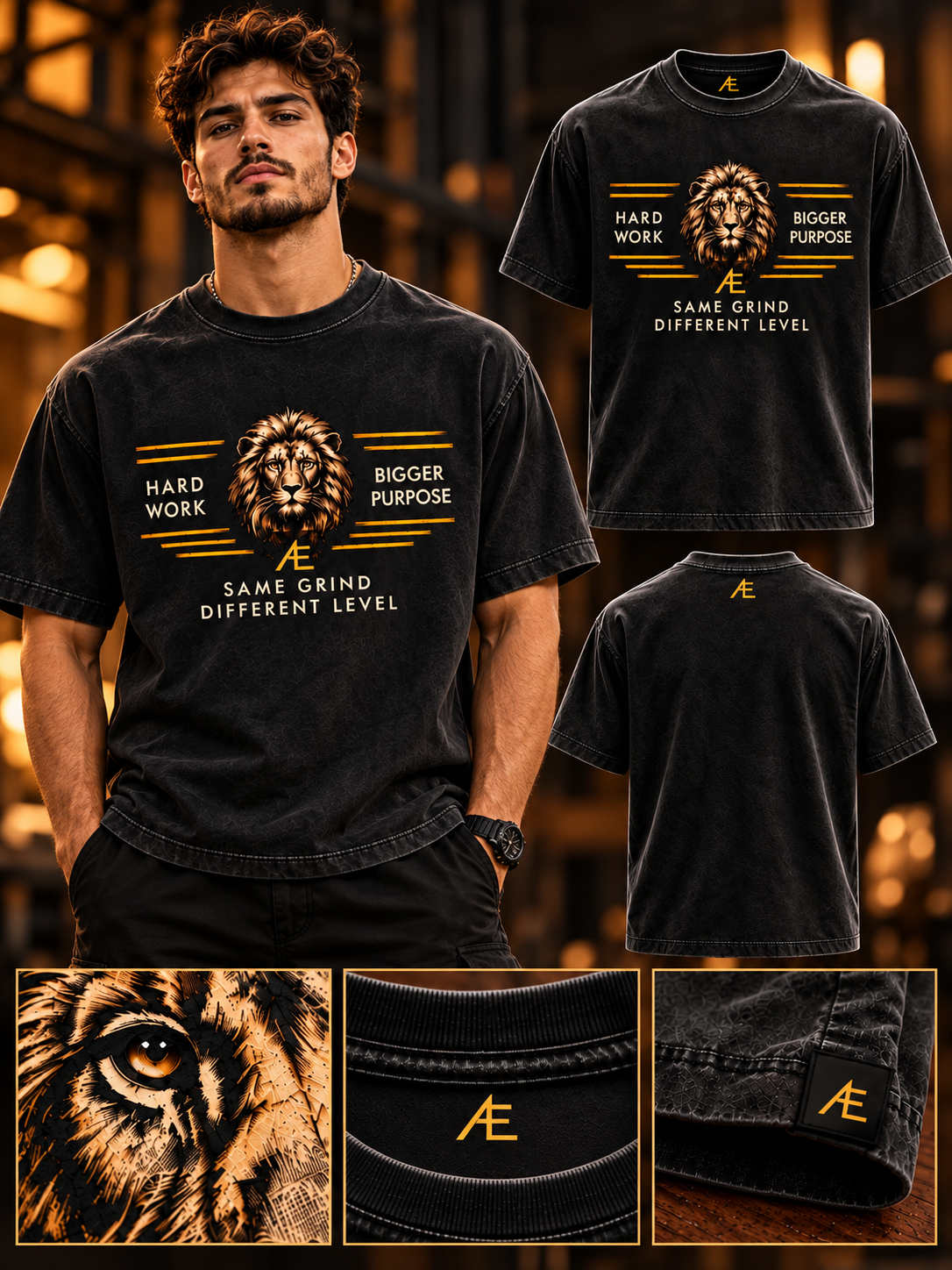 Charcoal tee with gold lion artwork and Hard Work, Bigger Purpose lettering; model, front, back, and detail views