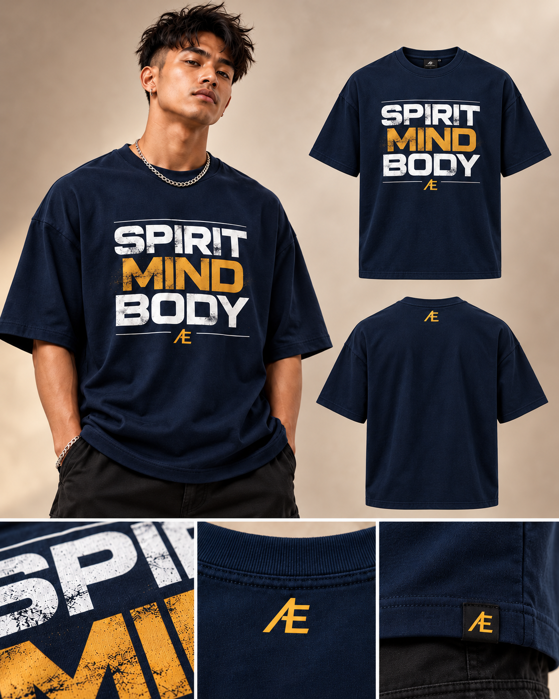 Navy tee with white and gold lettering; model, front, back, and detail views