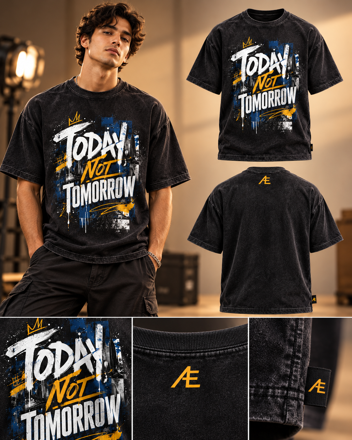 Black graphic tee with white and gold lettering; model, front, back, and detail views