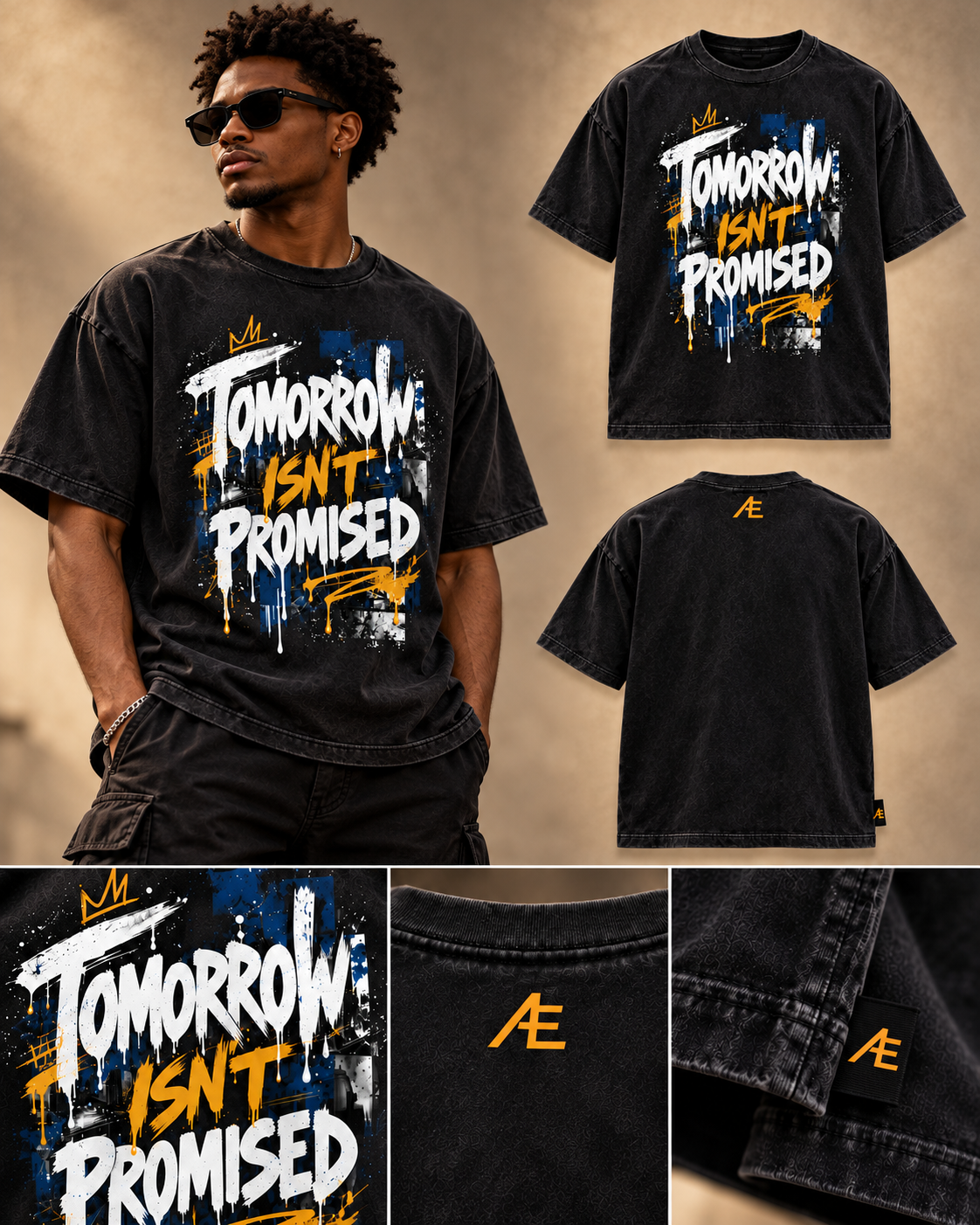 Black graphic tee with white and gold lettering; model, front, back, and detail views